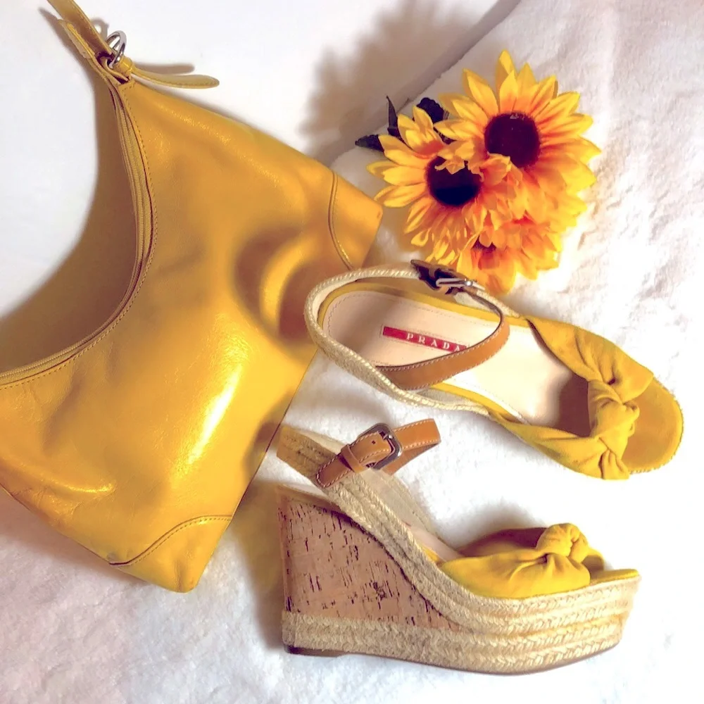PRADA Suede Wedges & Matching Leather Purse in Sunny Butter Yellow